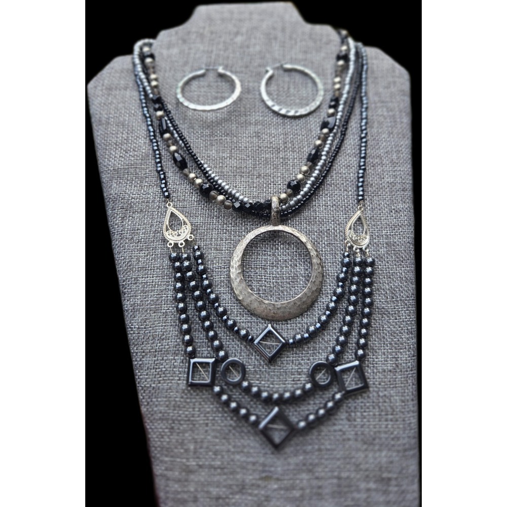 2 Silver-Tone & Black Necklaces & Hoop Earrings Jewelry Set